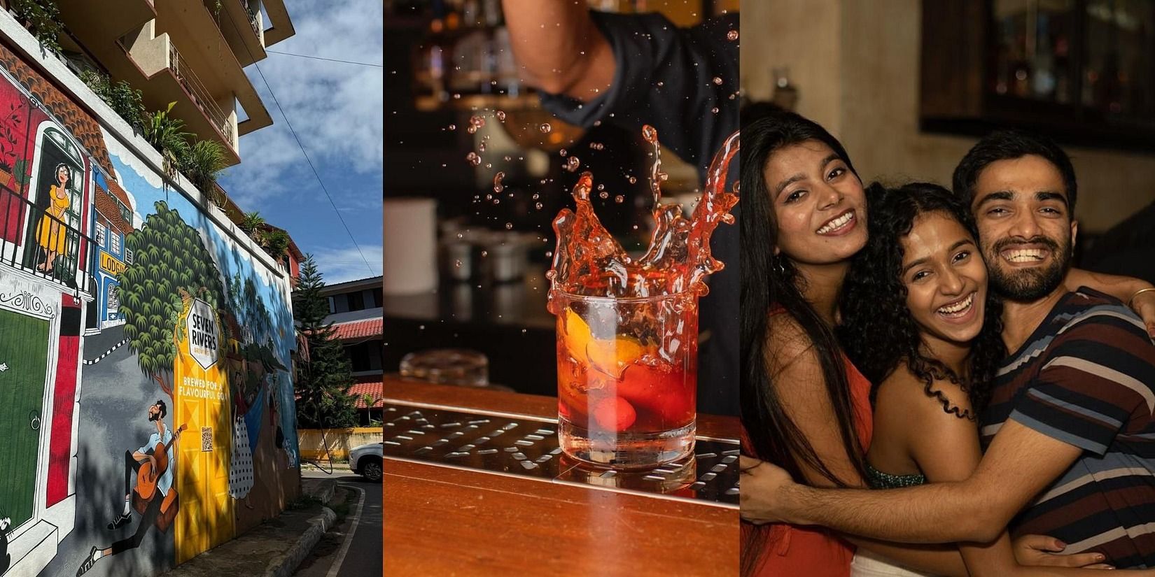 A collage of three images, first one shows three people enjoying at a club, second picture shows a glass of cocktail, and the third one is an image of a mural painting 