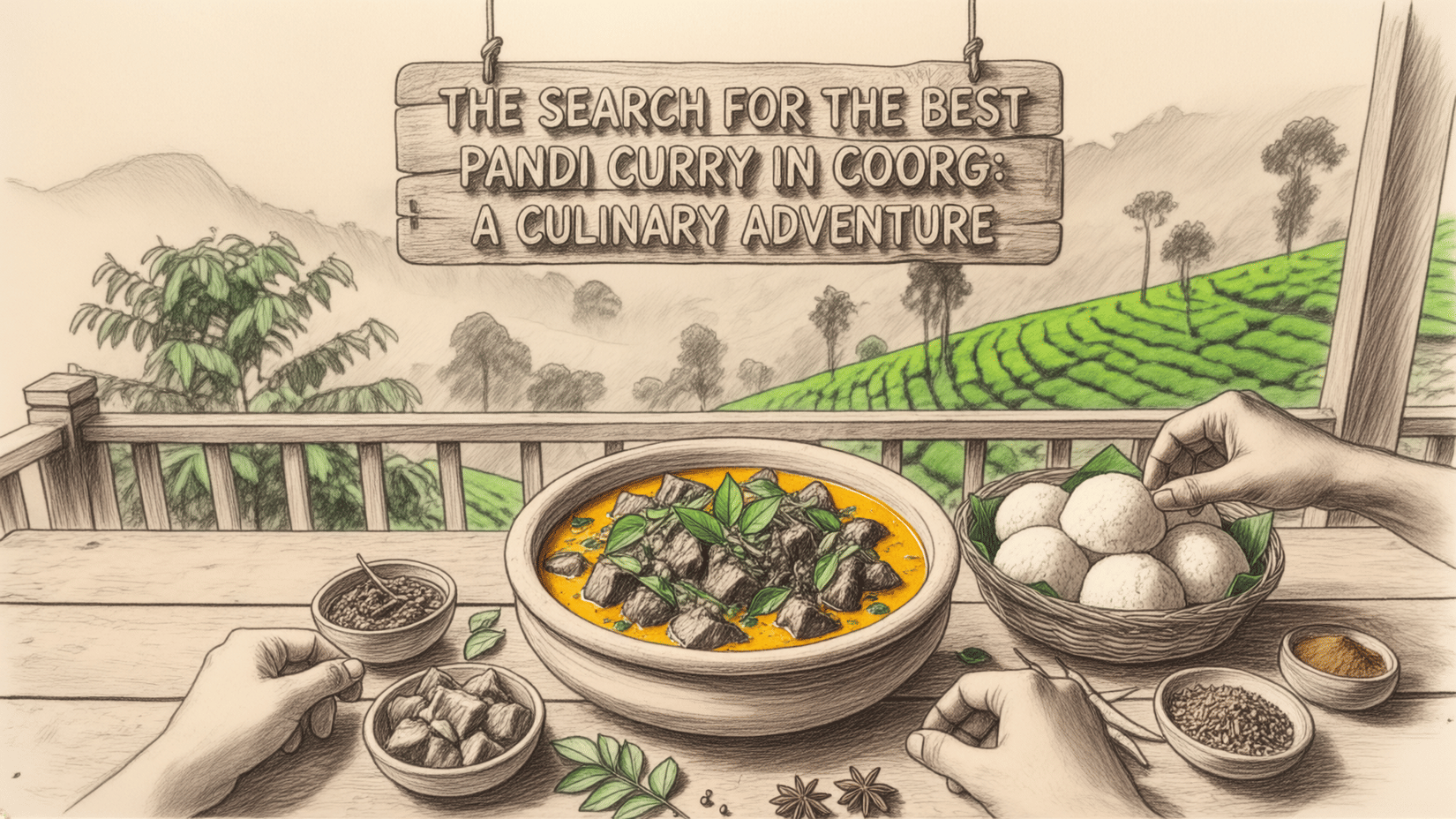 Illustrated serving of pandi curry with rice, eggs, spices, and traditional accompaniments arranged on a table.