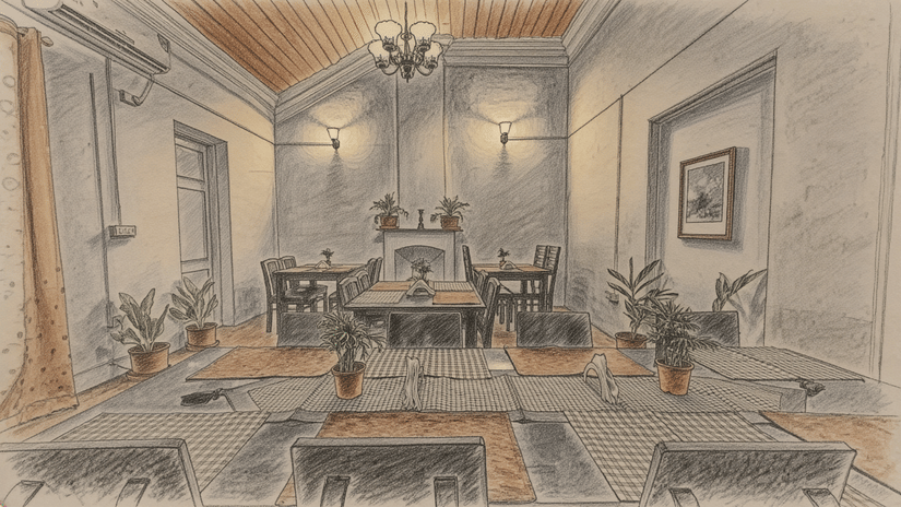 Indoor dining room with wooden furniture, patterned flooring, ceiling fan, and framed artwork on the walls.