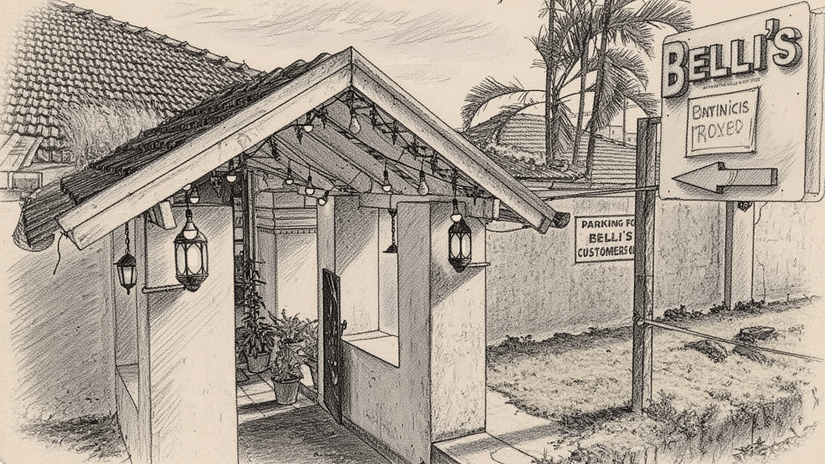 Exterior view of a Belli's restaurant building with a sloped roof, entrance porch, and a signboard displayed outside.