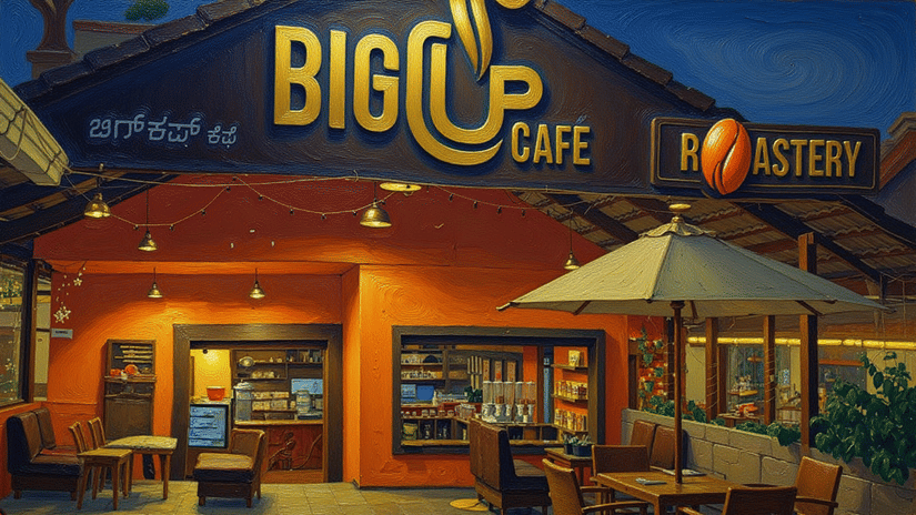Exterior view of Bigcup Cafe in Coorg, warmly lit at night with seating and signage highlighting its roastery.