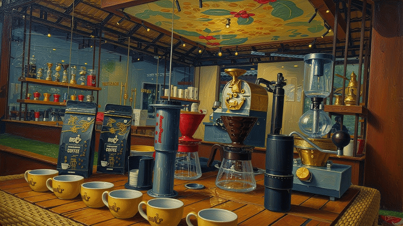 Coffee brewing setup with espresso machines and cups inside a cosy Coorg café, showcasing artisanal coffee preparation.