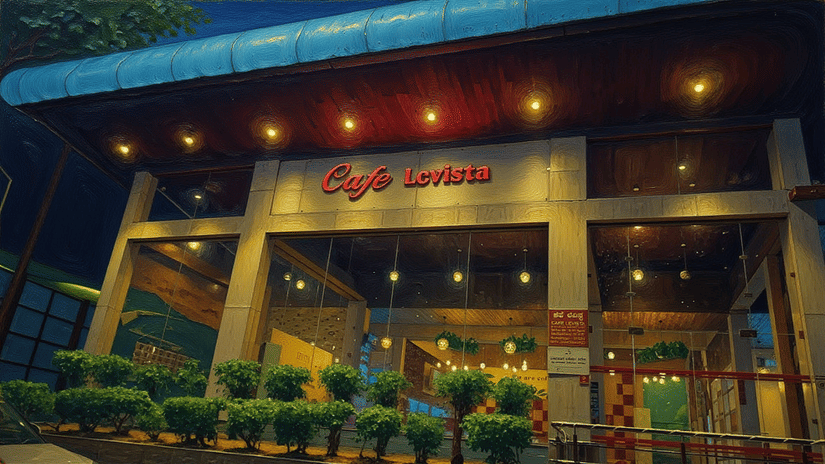 Exterior of Winter Cafe Coorg at dusk, featuring warm lighting, wooden architecture, and a welcoming mountain café vibe.