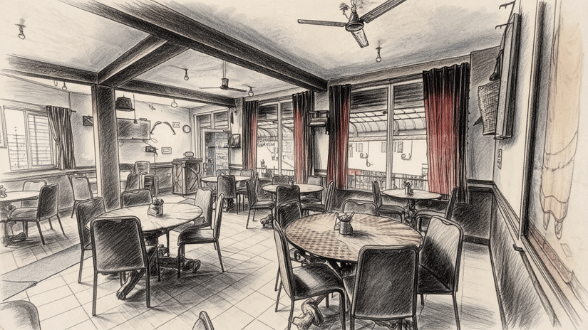 Enclosed restaurant seating area with tables, chairs, large windows, and natural light entering the space.