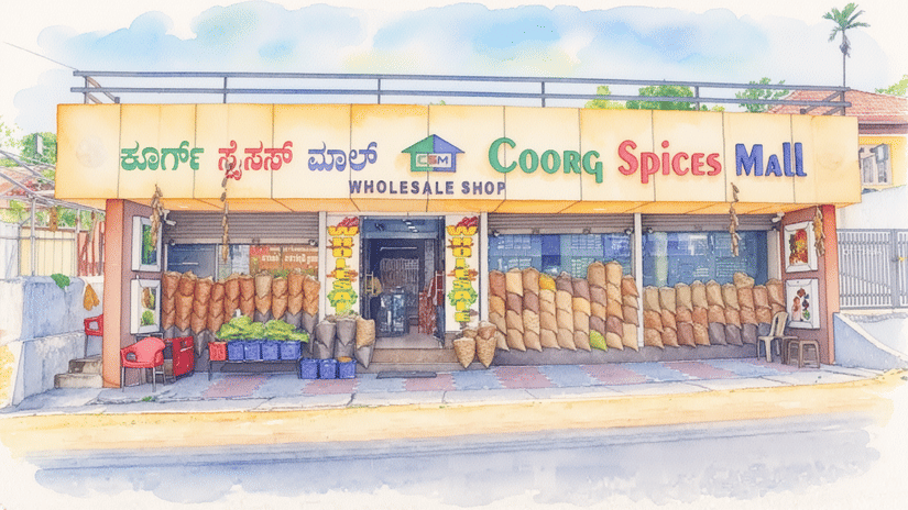 Exterior of Coorg Spices Mall, a cooperative-backed store offering locally sourced Coorg honey and spices.