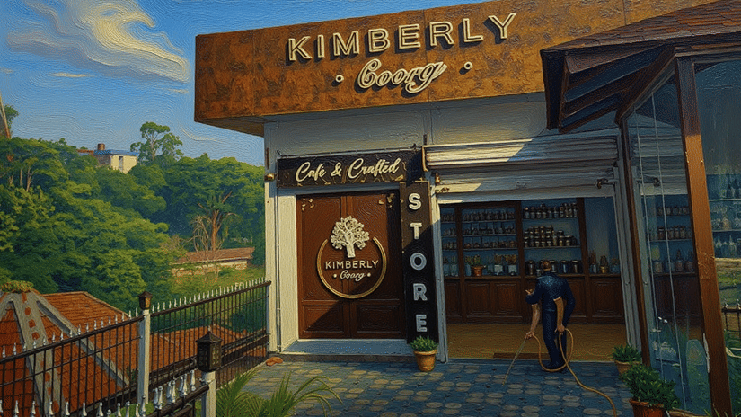 Exterior of Kimberly Coorg Cafe overlooking green hills, a popular stop for coffee and long lunches in Coorg.