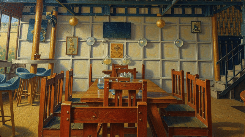 Simple café dining area with wooden tables and wall-mounted décor, offering a relaxed space to enjoy coffee in Coorg.