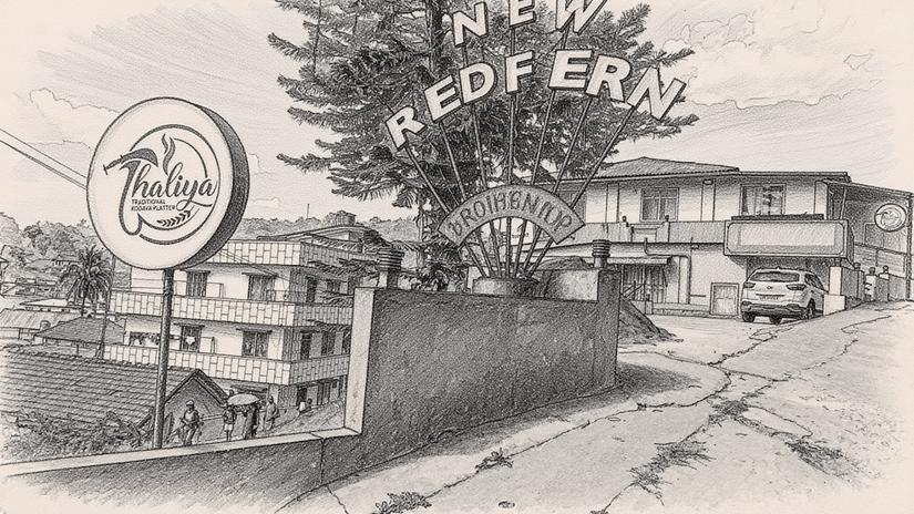 Entrance signage and driveway view of a resort property with name board mounted near the gate.