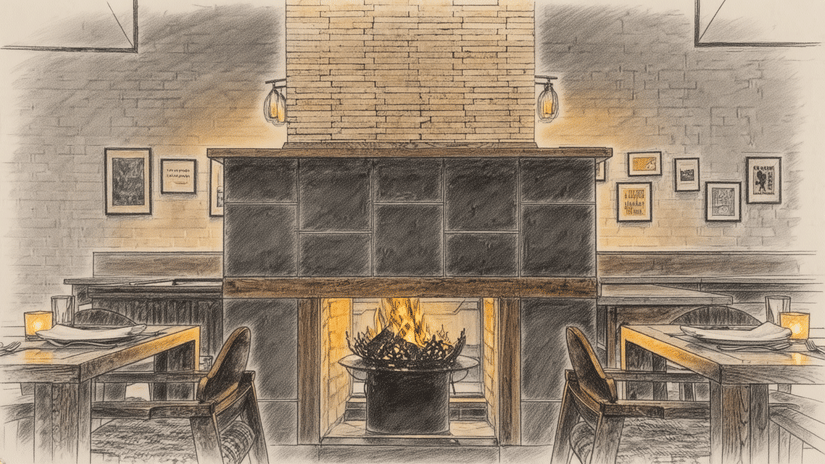 Interior dining area with tables arranged around a central fireplace and counter seating.