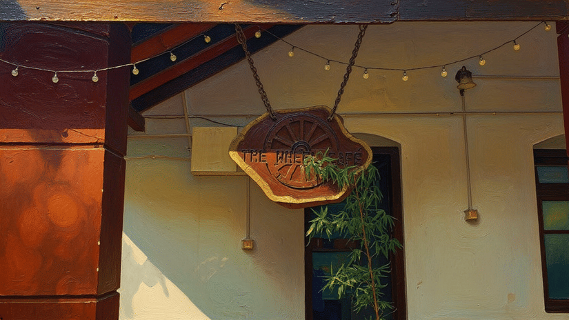 Hanging wooden coffee sign at a Coorg café entrance, framed by warm lights and leafy greenery.