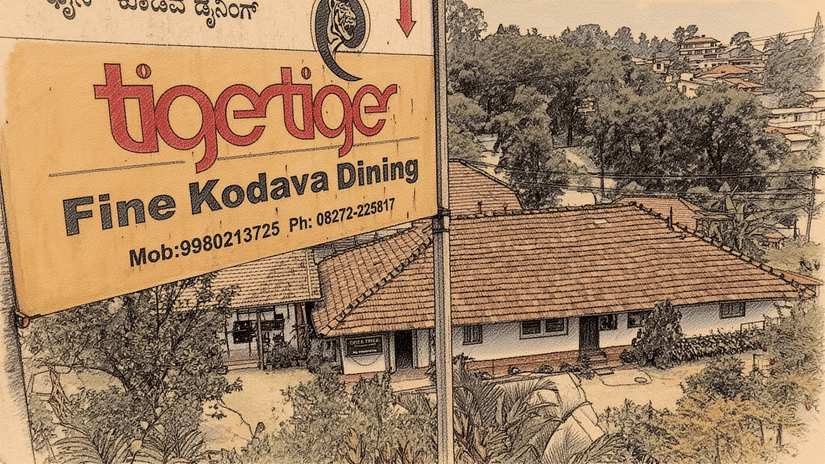 Outdoor signboard of Tiger Tiger Fine Kodava Dining placed beside a road with surrounding greenery.