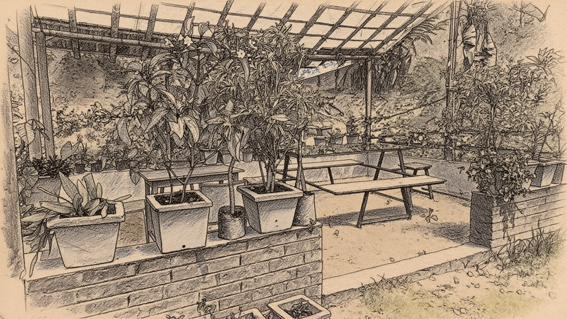Outdoor dining area with multiple tables, chairs, and plants arranged under a shaded pergola structure.