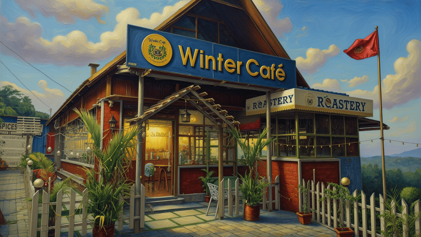 Exterior view of Winter Cafe Coorg with wooden architecture, café signage, and a cosy hill-station setting.