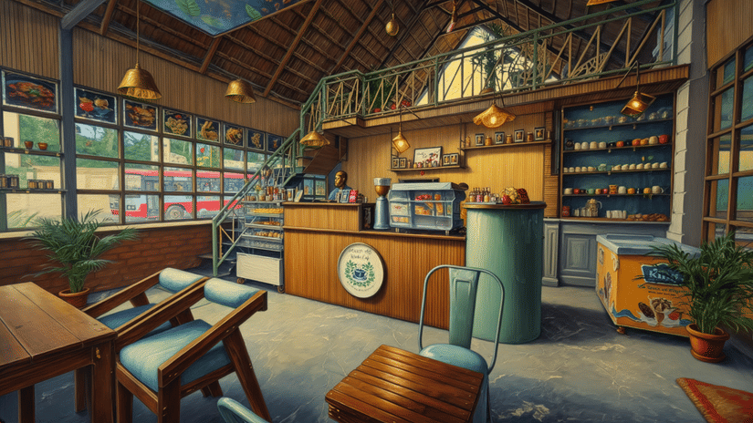 Bright, modern café interior with wooden tables and a well-stocked coffee counter, ideal for slow coffee breaks in Coorg.