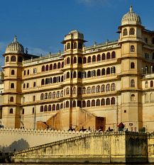  City Palace, Udaipur, Rajasthan, with domes, viewed from below.
