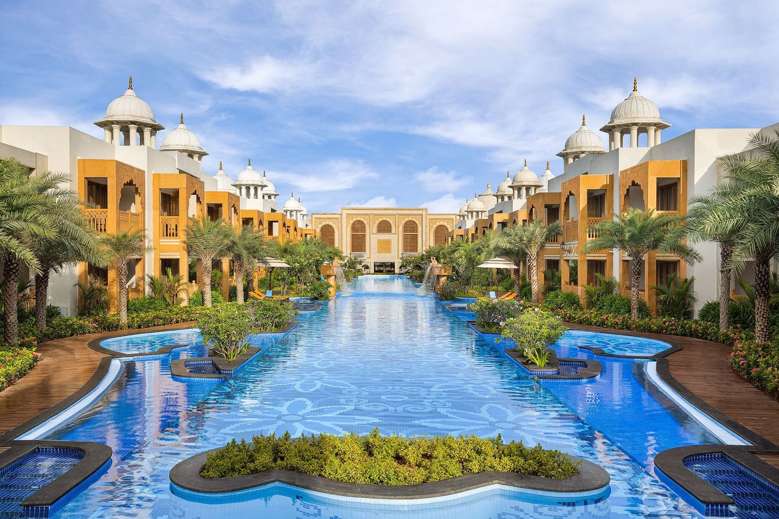 Grand view of the central water feature surrounded by luxurious architecture at our palace - Kaldan Samudhra