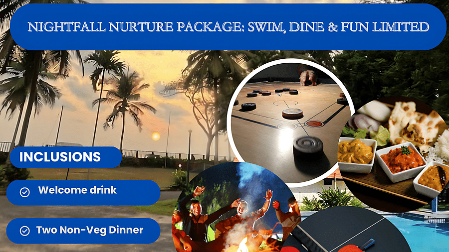 Promotional banner for Nightfall Nurture package at Kappad Beach Resort featuring dinner, pool, games, campfire, and pricing details at ?750 per person.