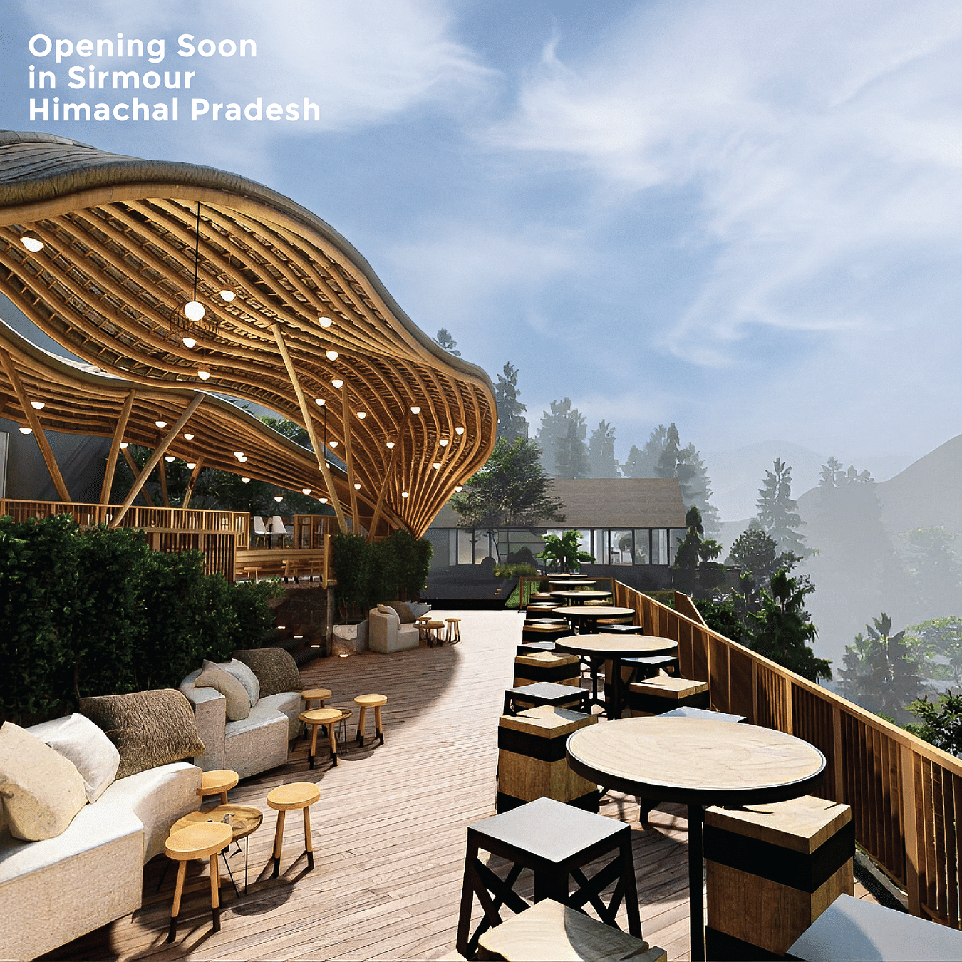A modern bamboo structure features outdoor seating areas with sofas and tables overlooking a scenic, hilly landscape with text - Opening Soon in Sirmour Himachal Pradesh.