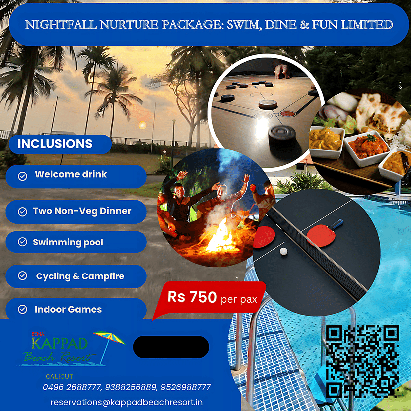 Promotional banner for Nightfall Nurture package at Kappad Beach Resort featuring dinner, pool, games, campfire, and pricing details at ?750 per person.