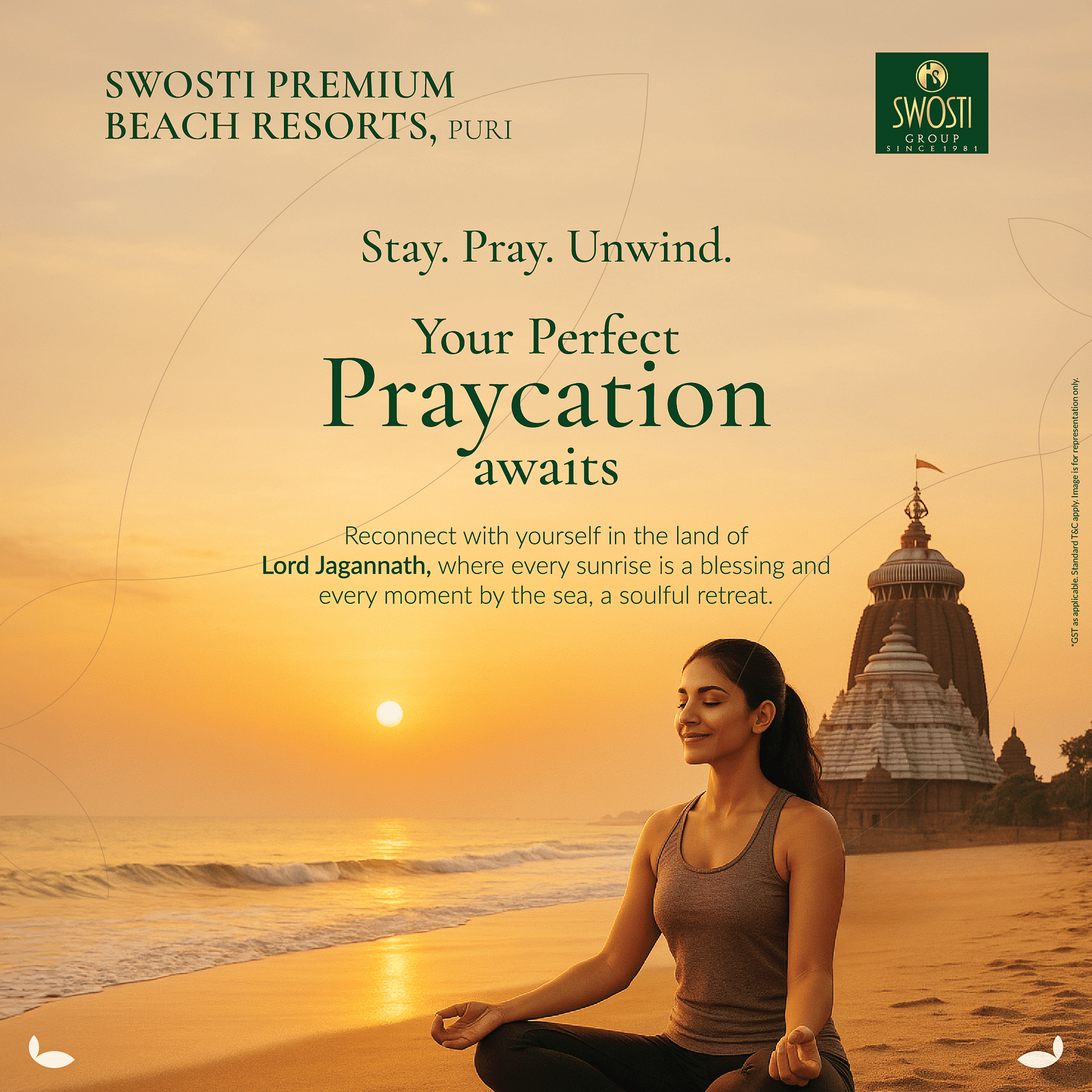 Banner for Praycation Package at Swosti Premium Beach Resorts, Puri featuring a woman meditating on a beach at sunrise, with the Jagannath Temple in Puri in the background.