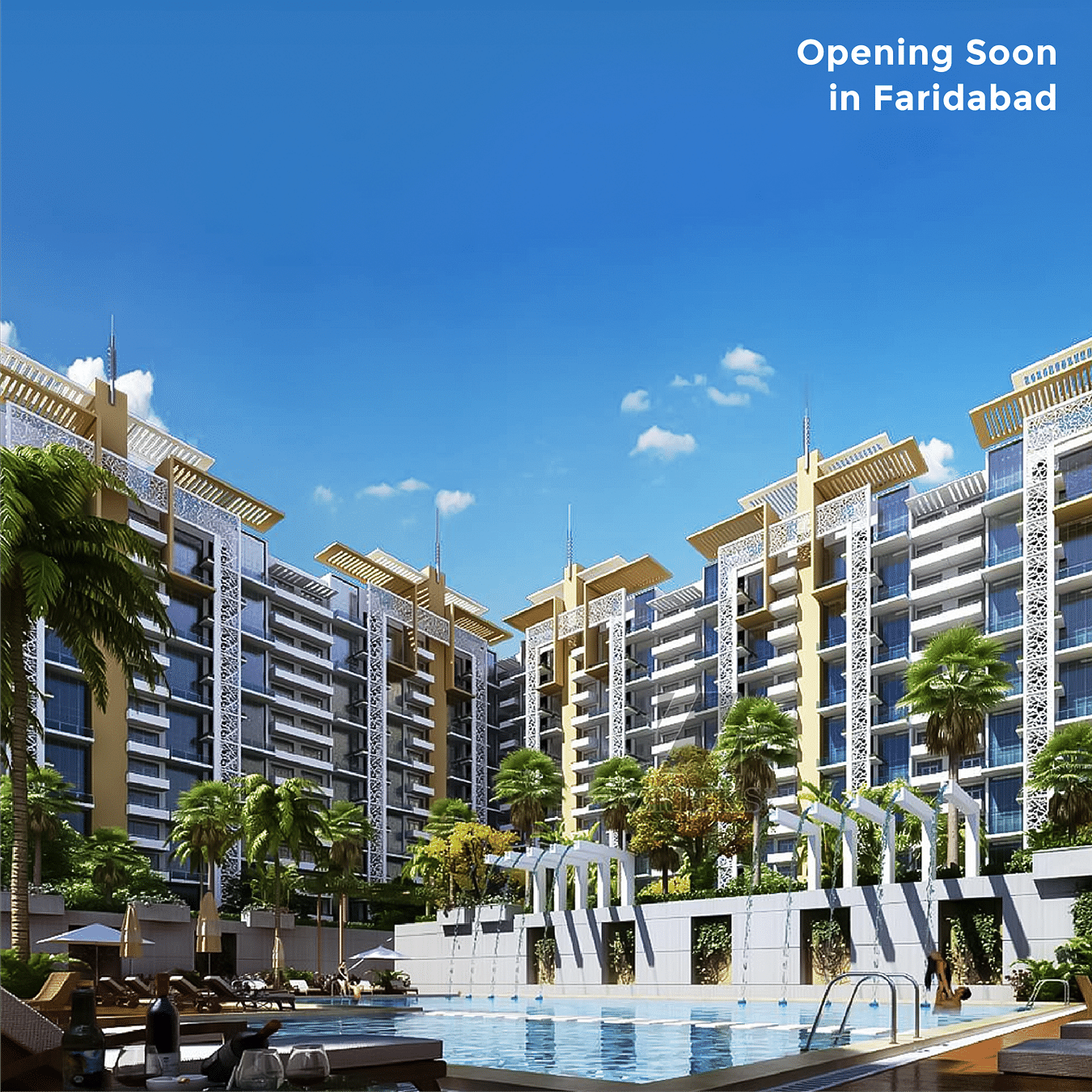 Hotel buildings enclosing the pool under clear sky as the text on the image says 'Opening Soon in Faridabad'