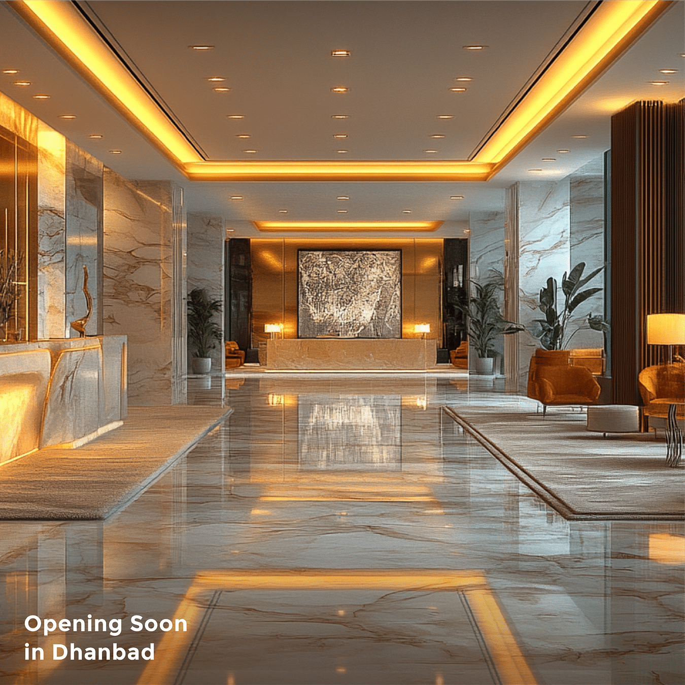 A hotel lobby with warm lighting leading to the reception desk with the text 'Opening Soon in Dhanbad'