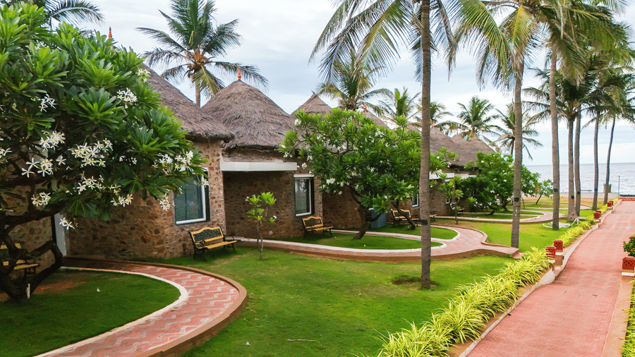 The facade with trees, grass, and pathway | MGM Beach Resorts