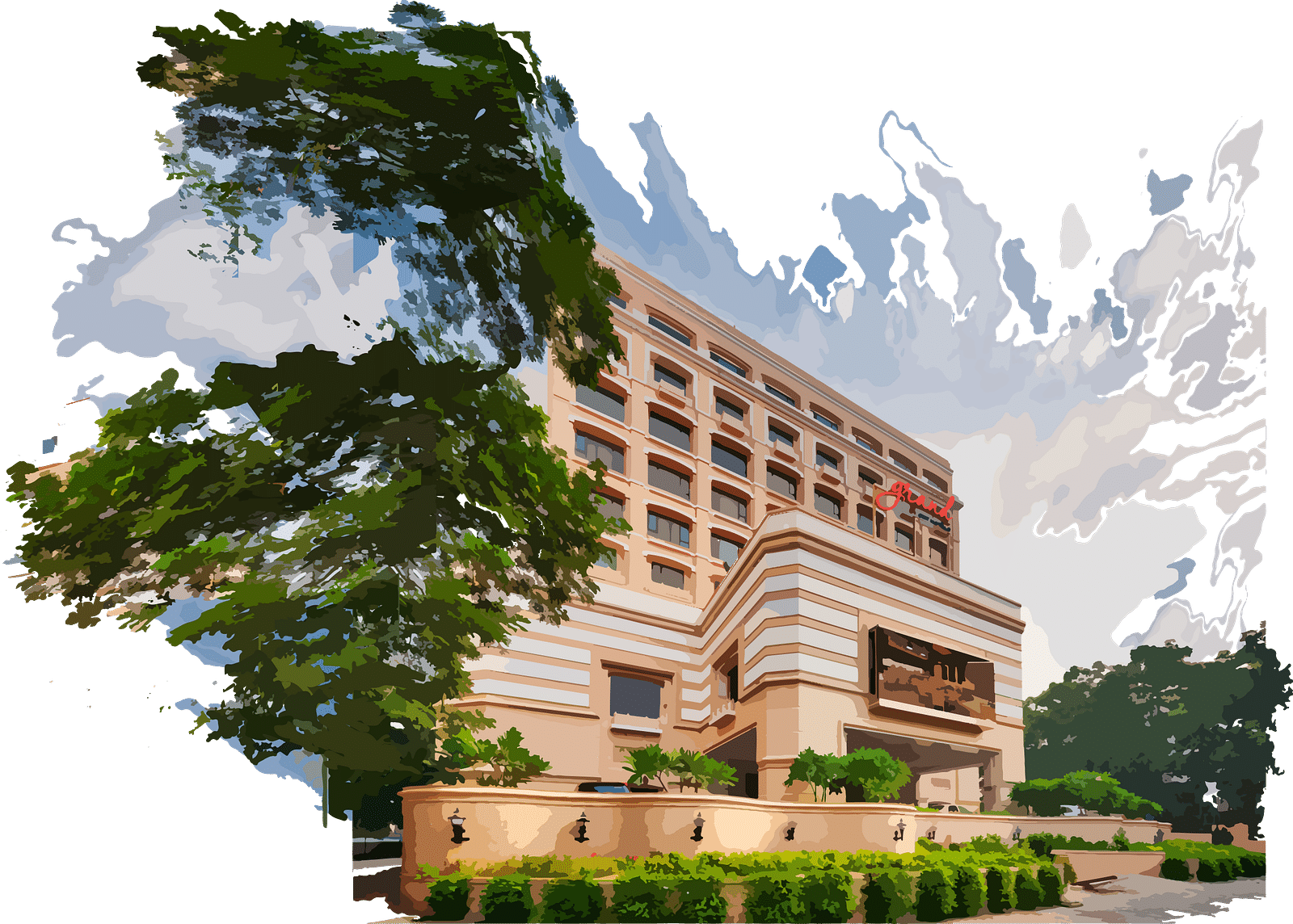 A large hotel building surrounded by lush greenery and set against a cloudy blue sky.
