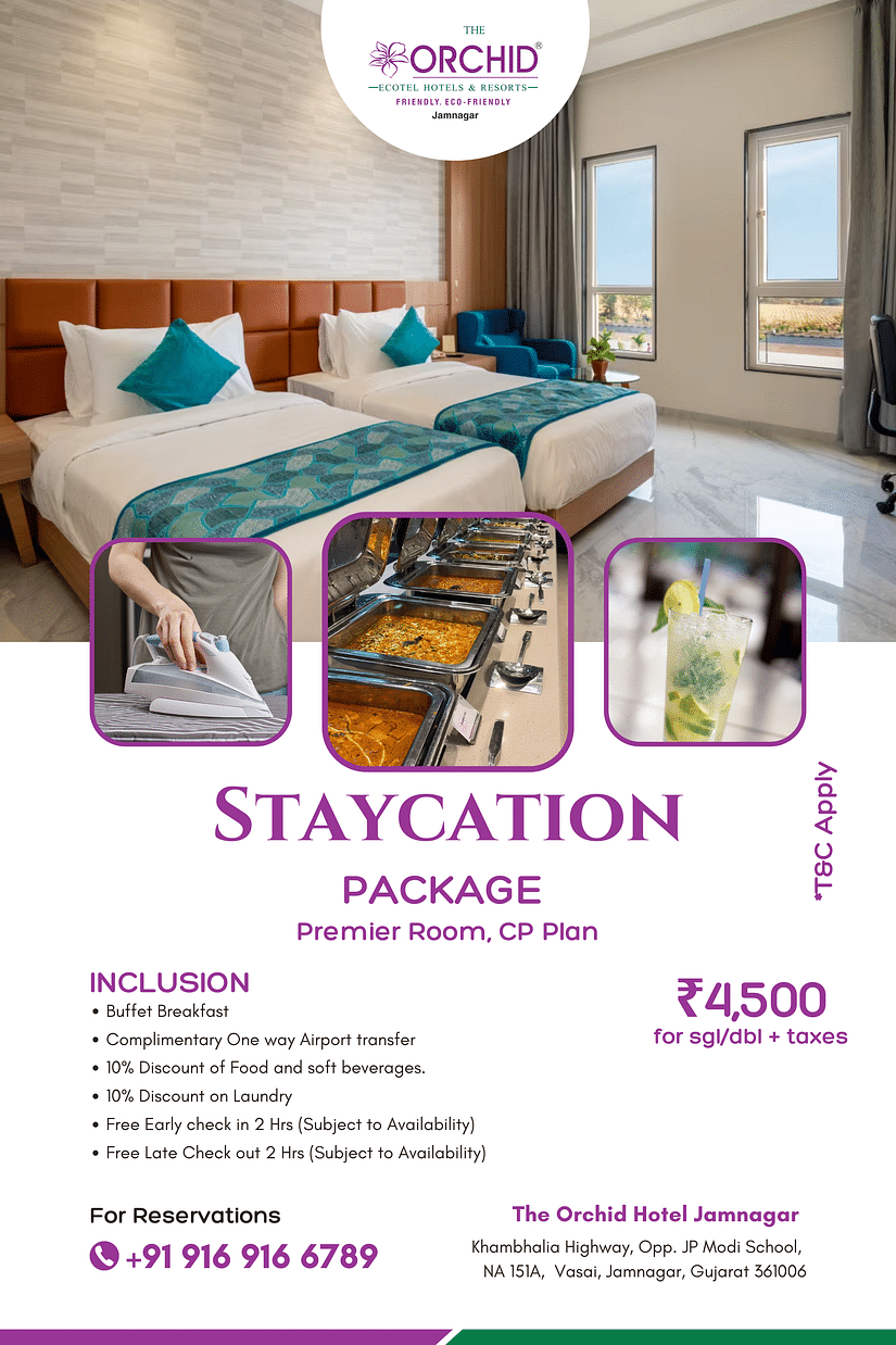 Creative image of the Staycation offer for The Orchid Hotel, Jamnagar, including the rate and package inclusions.