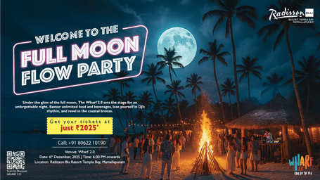 A Full Moon Flow Party poster showing a beachside bonfire, palm trees and guests celebrating under a bright moon at Radisson Blu Resort Temple Bay.