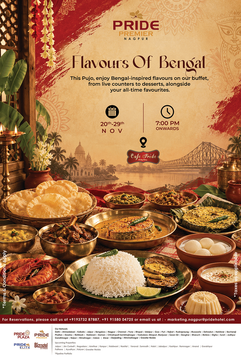 A promotional poster for Flavours of Bengal Offer at Pride Premier Nagpur, with bengal feast placed at the center, valid from 20th to 29th November 2026, 7 PM onwards.