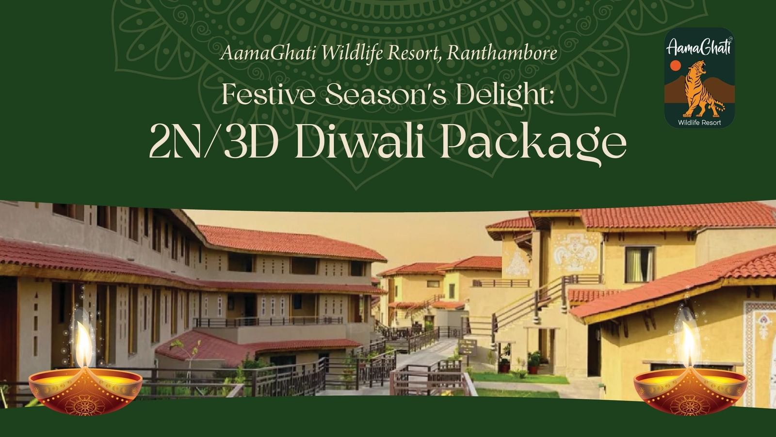 Aamaghati Resort Diwali package creative showing 2N/3D offer details, pricing, inclusions, and terms for Oct 17–22, 2025.