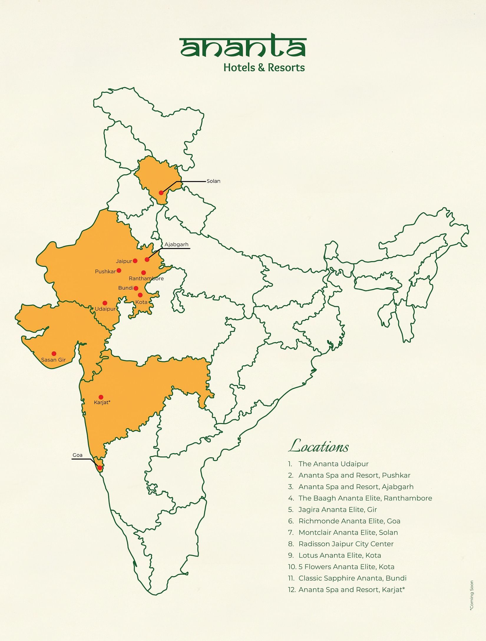 The map of India showing all the regions where Ananta properties are situated.