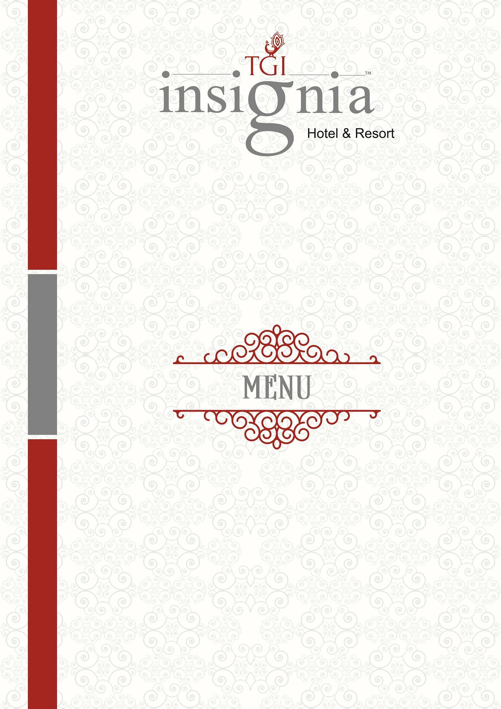 Menu cover with the logo of TGI Insignia Hotel and Resort having the colour palette of beige and red and mauve