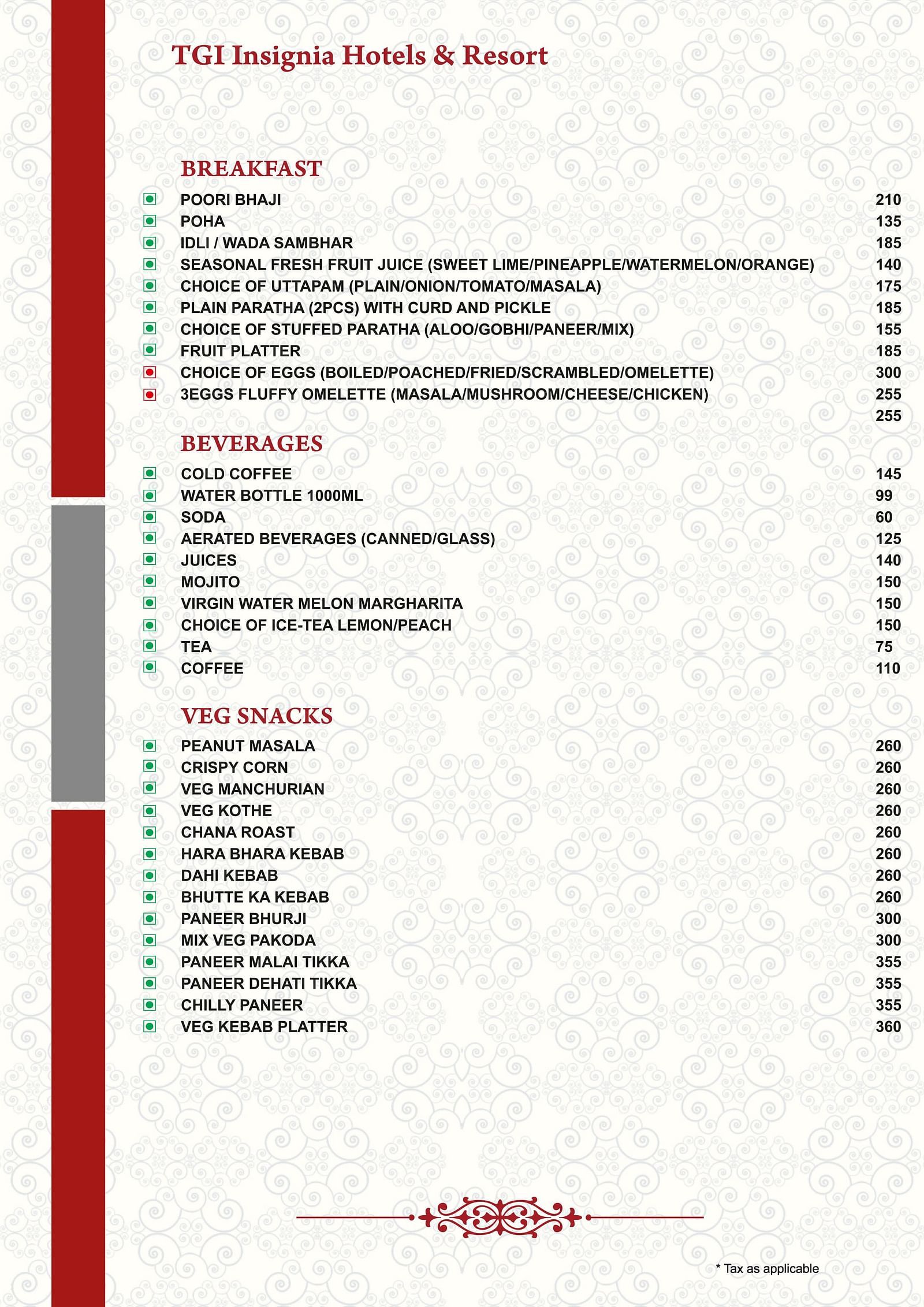 Menu featuring a list of breakfast, soft beverages and veg snacks