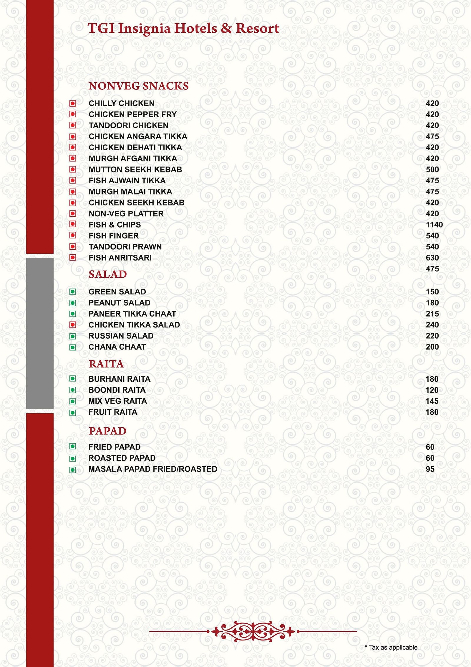 Menu listing down the dishes under Non-veg Snacks, Salad, raita and papad