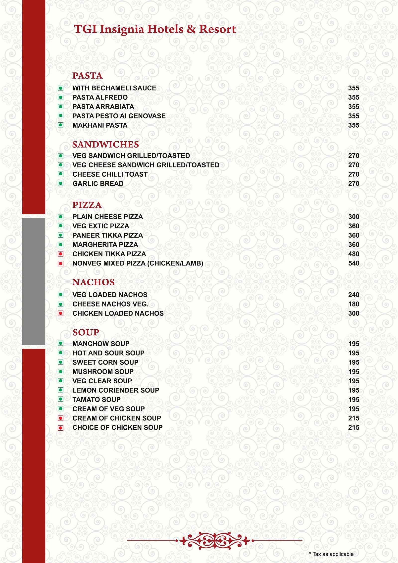 Menu featuring varieties of pasta, sandwiches, pizza, nachos and soup