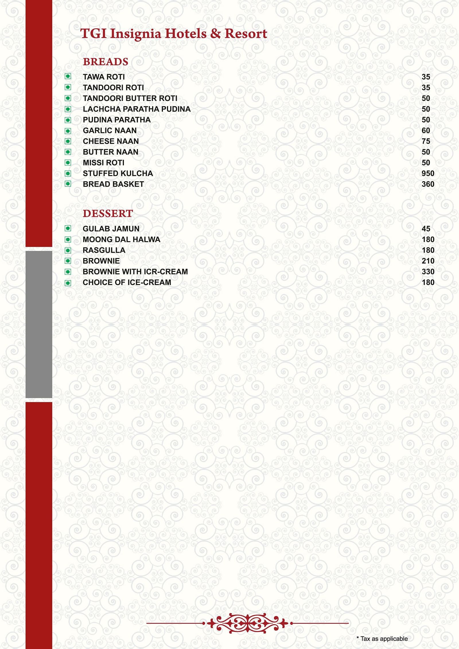 Menu with a list of Bread and Desserts