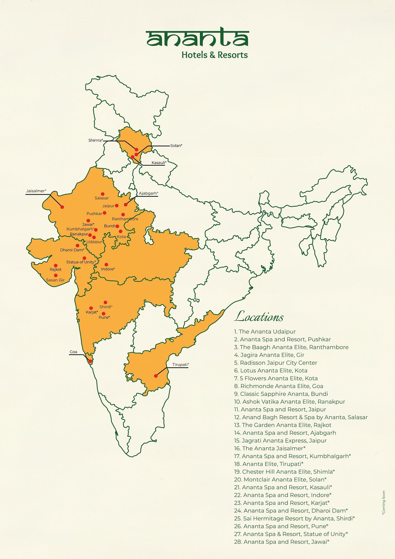 The map of India showing all the regions where Ananta properties are situated.