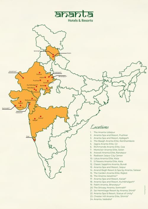 Map of India highlighting Ananta Hotels & Resorts locations across multiple states, with a numbered list of resorts from Udaipur to Vadodra.