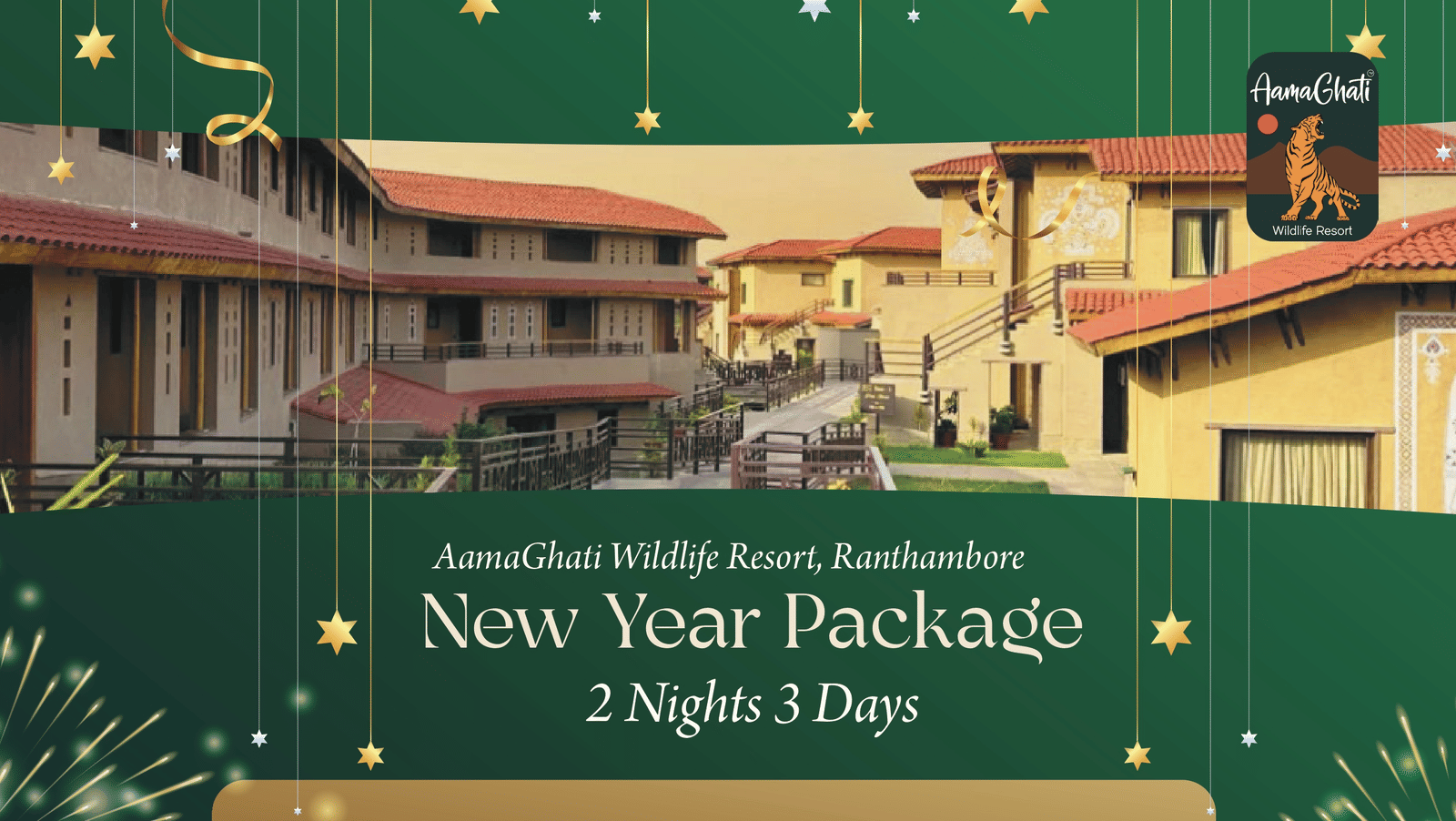 Creative of New Year package at Amaghati for 2 Nights and 3 Days which includes Gala Dinner, discount on rooms, DJ, live dance, and more. 