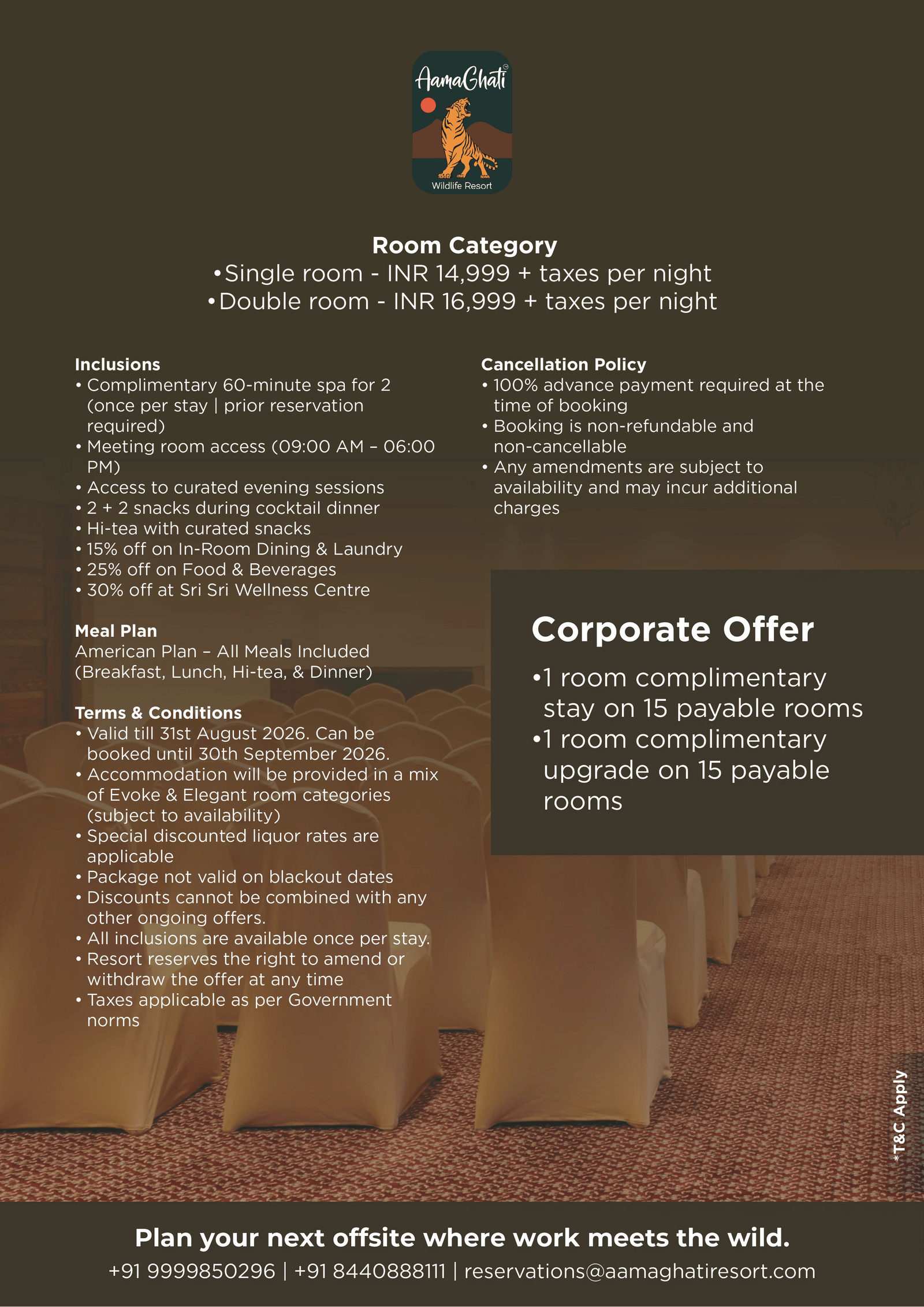 Creative for Corporate Escape package at AamaGhati Wildlife Resort, with details of the package pricing, inclusions, terms & conditions, and cancellation policy.