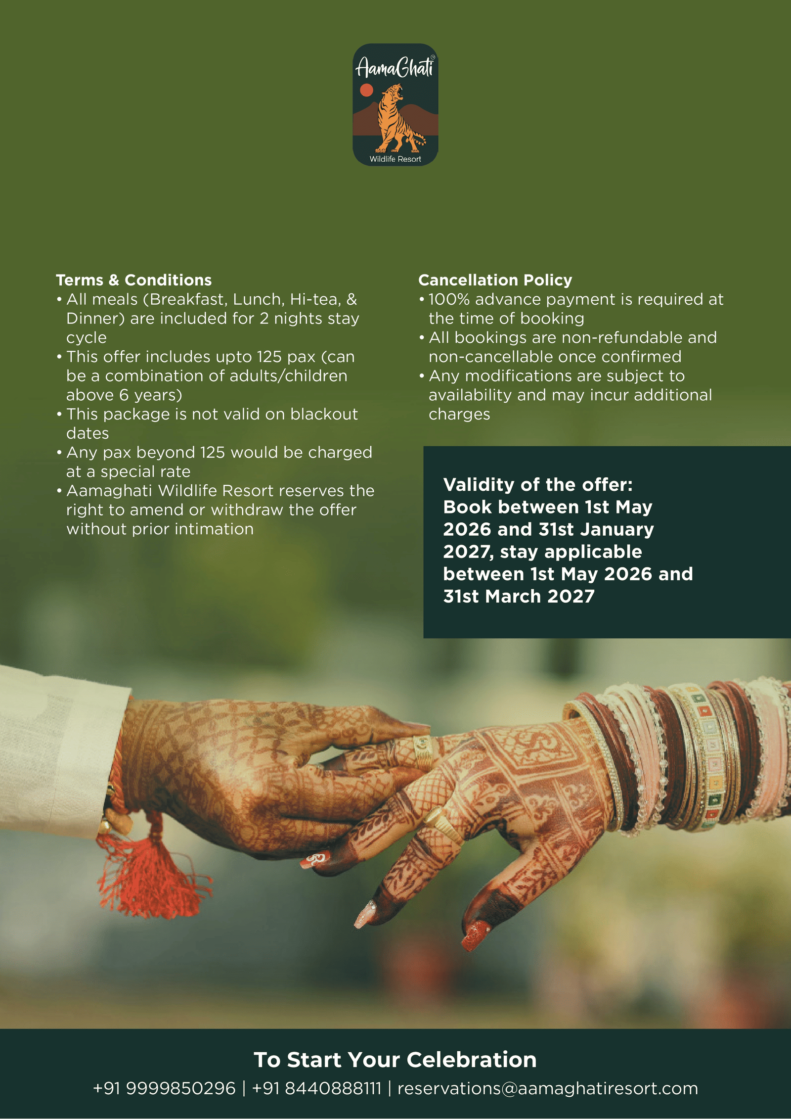 Creative for Wedding Celebration package at AamaGhati Wildlife Resort, detailing the package validity, terms and conditions, and cancellation policy.