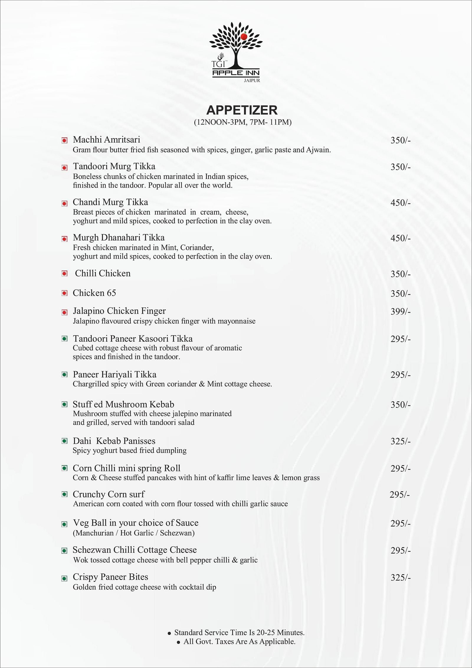 Apple Inn Menu for appetizers starting from 12 PM to 3 PM and 7 PM to 11 PM