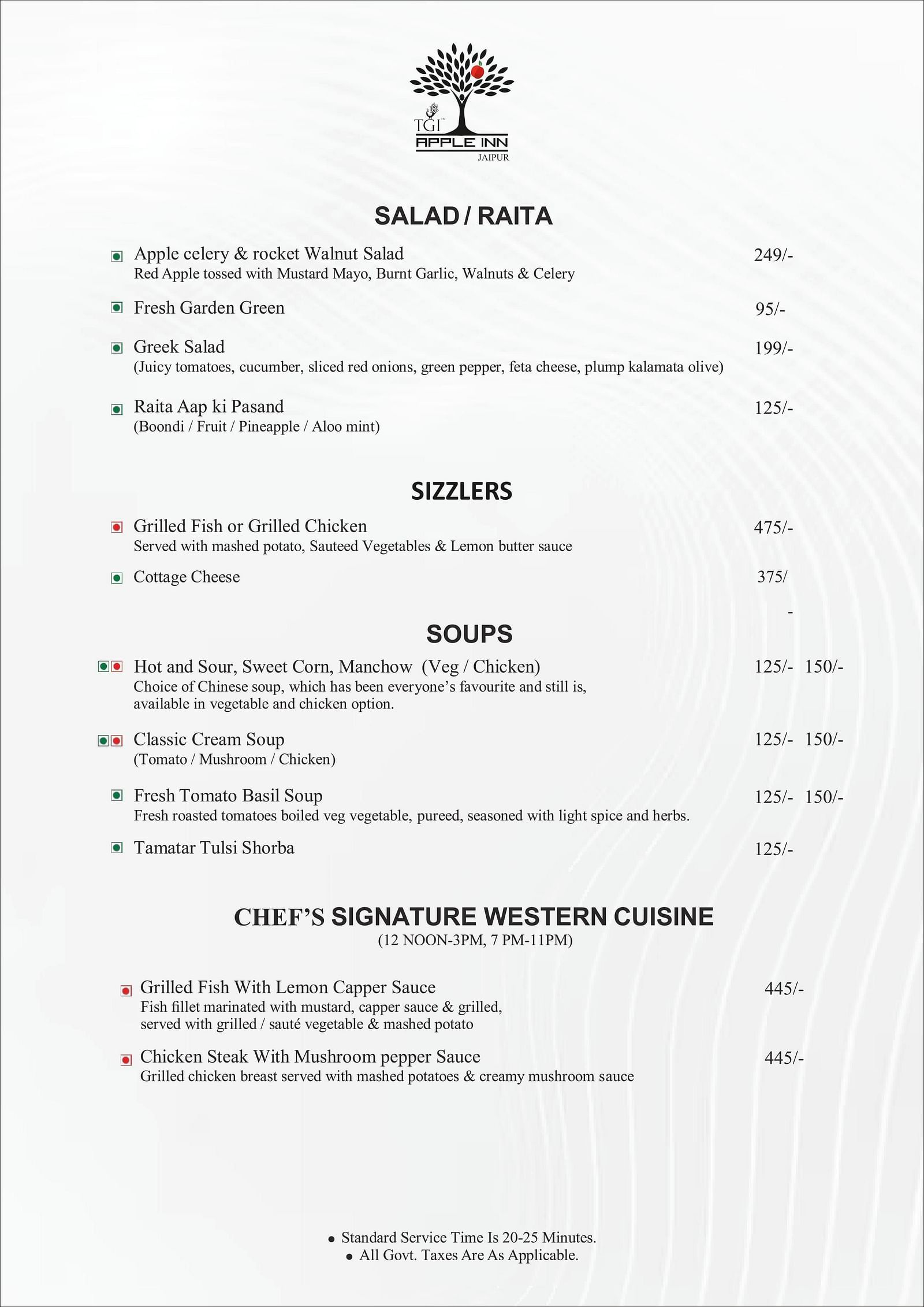 Apple Inn Menu page containing details of salad/raita, sizzlers, soups Chef's signature Western cuisine timing from 12 PM to 3 PM and 7 PM to 11 PM