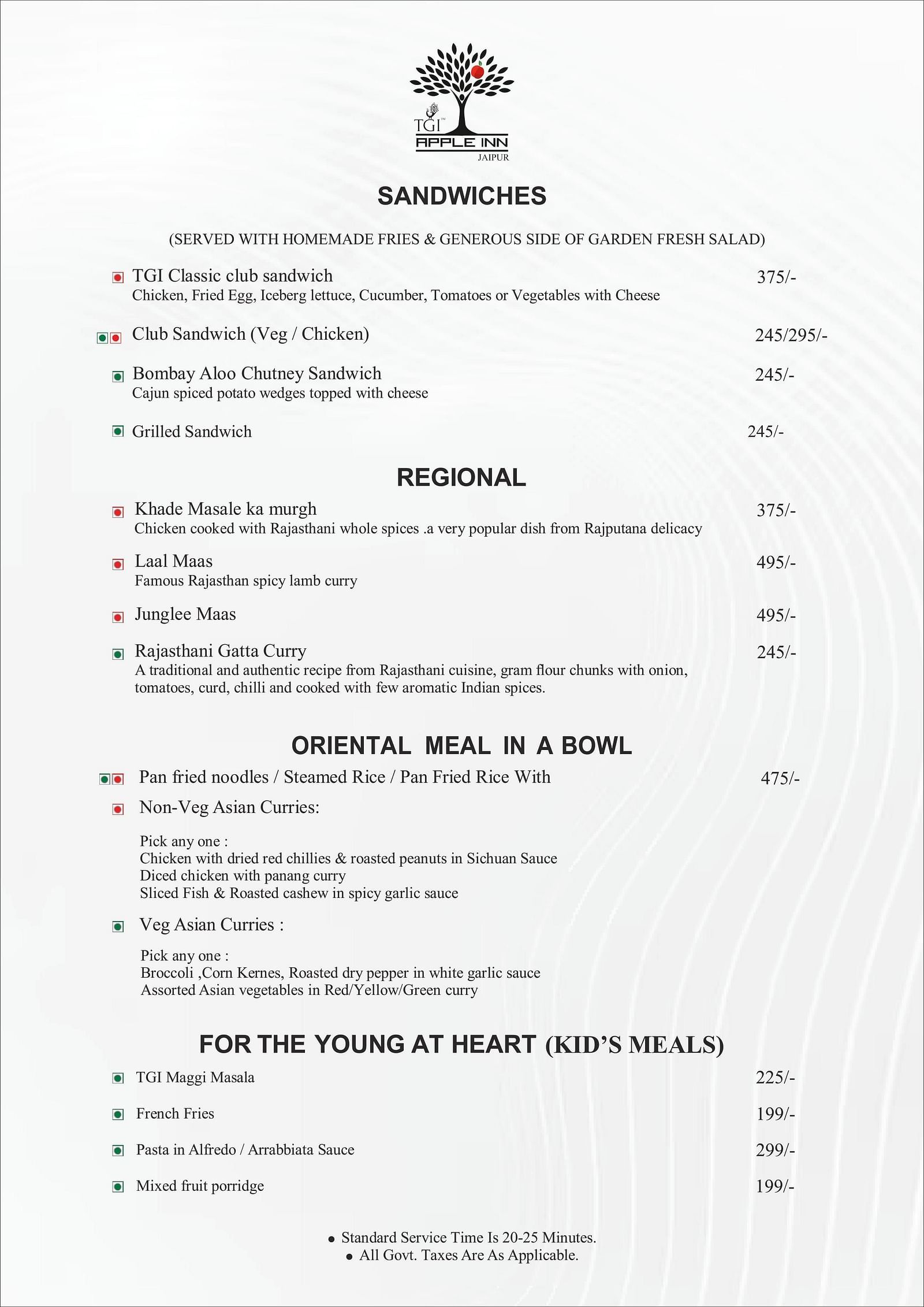 Apple Inn Menu featuring sandwiches, regional dishes, oriental meal in bowl and kid's meal