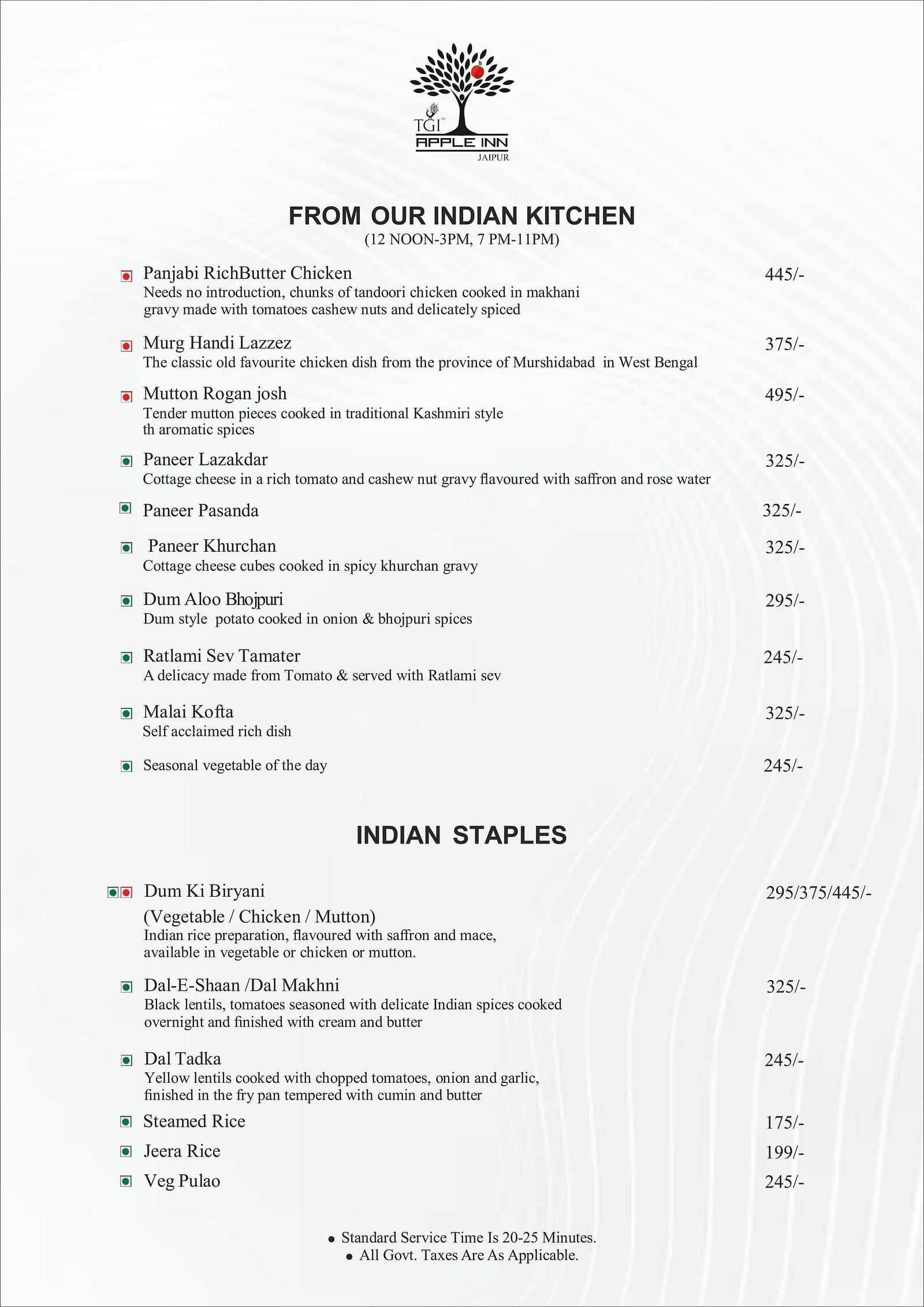 Apple Inn Menu for Indian cuisine starting from 12 PM to 3 PM and 7 PM to 11 PM