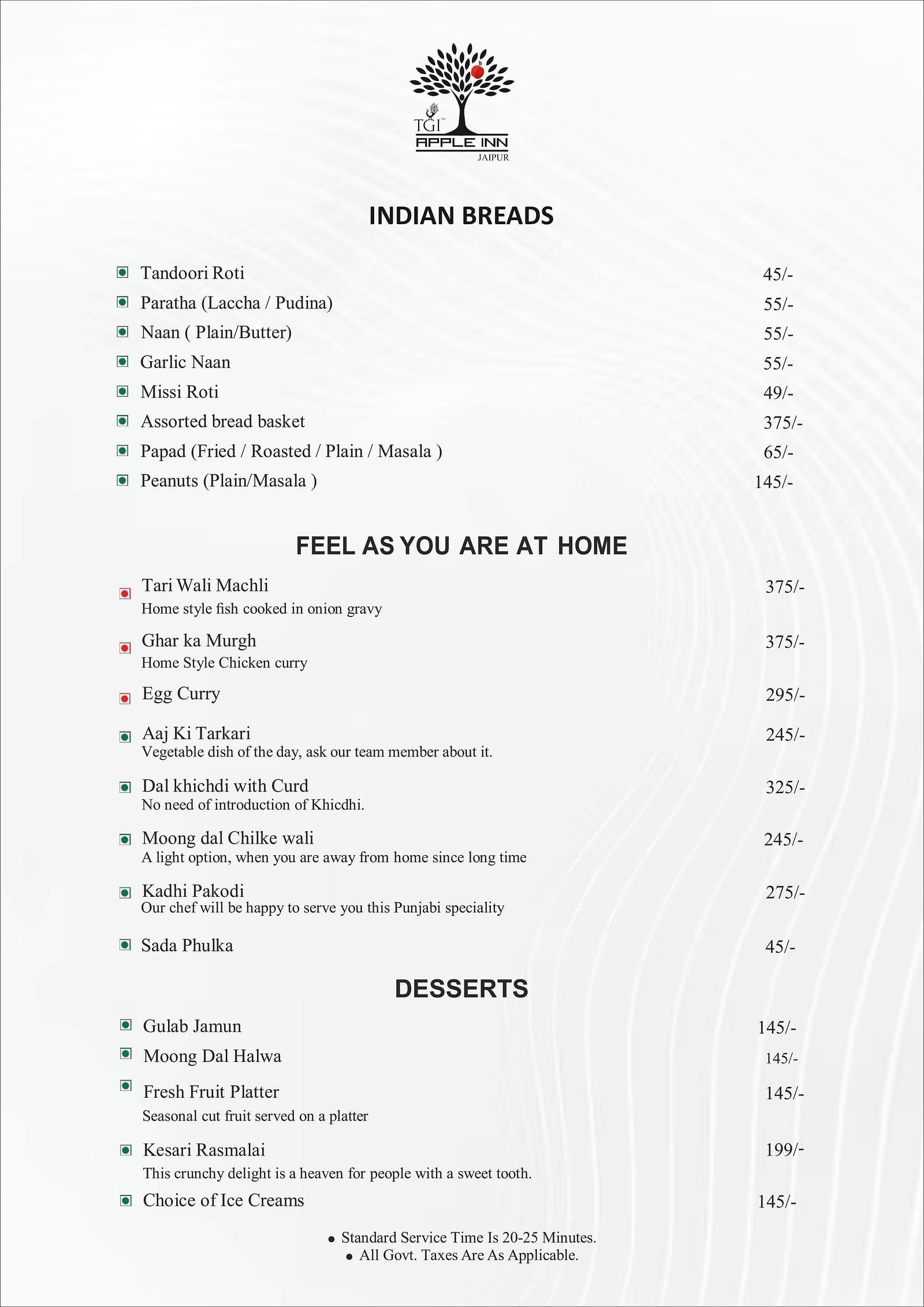 Apple Inn Menu featuring Indian Breads, Homely food and Desserts