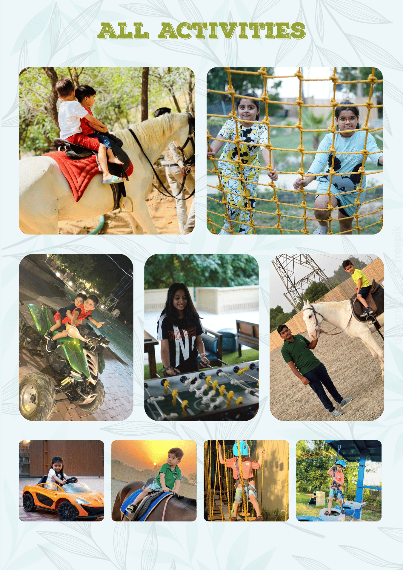 Collage of kids and adults enjoying different activities at Themis Mudhouse- A Nature's Wellness Resort