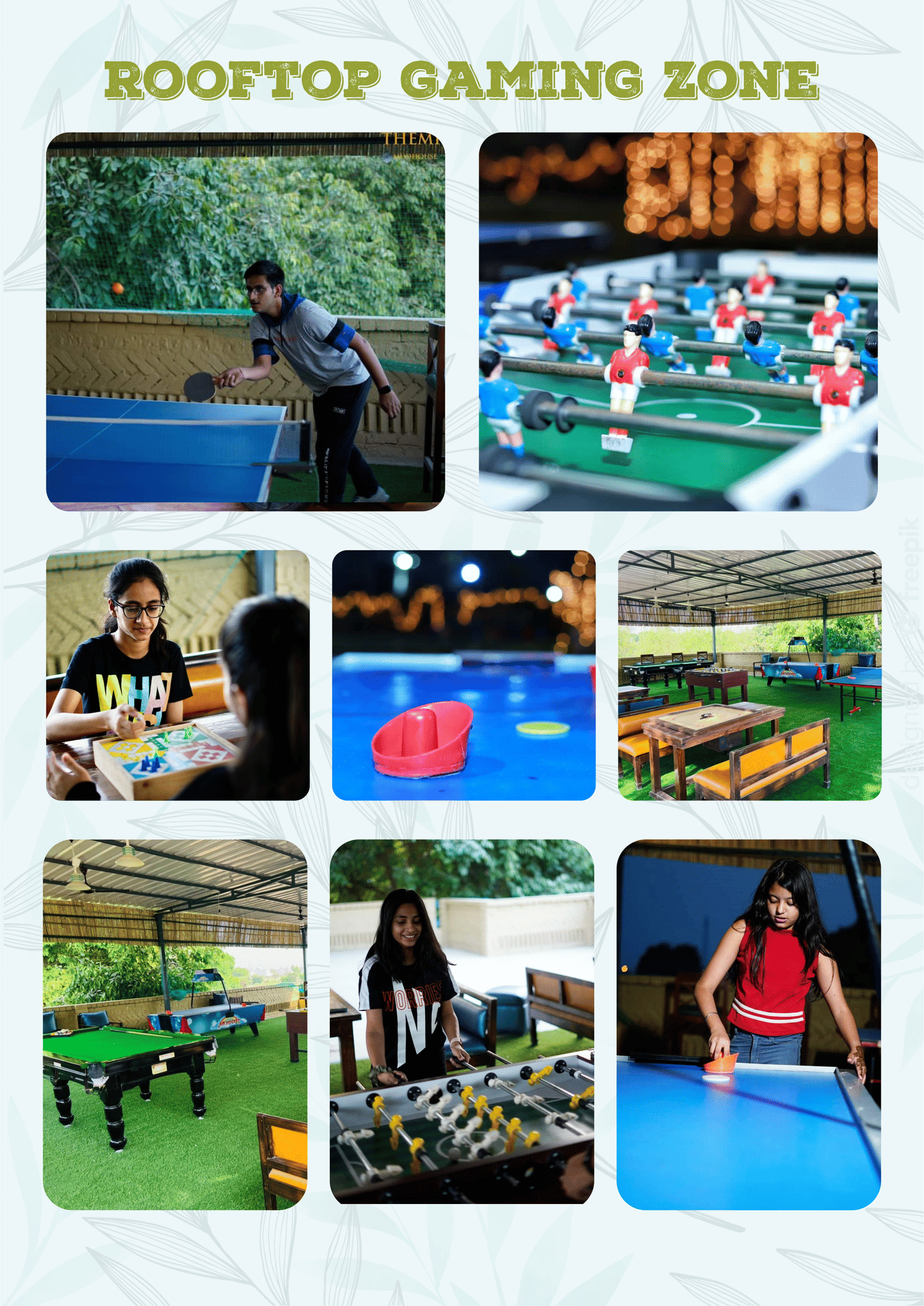 Collage of people playing indoor games Themis Mudhouse- A Nature's Wellness Resort